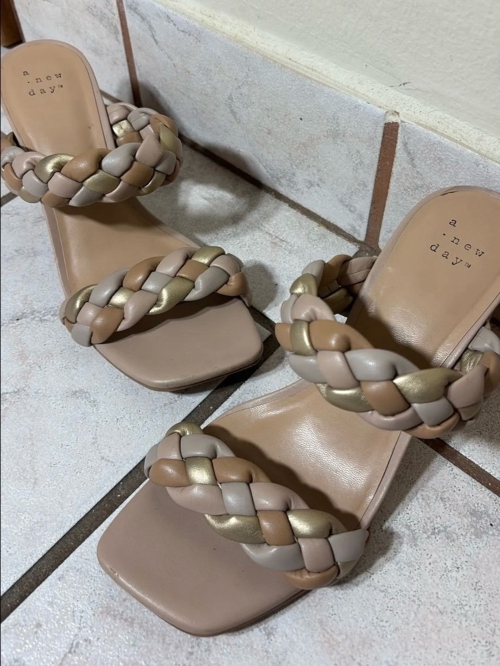 Woven Strap Block Heel Sandals in Taupe and Gold - Picture 2 of 2